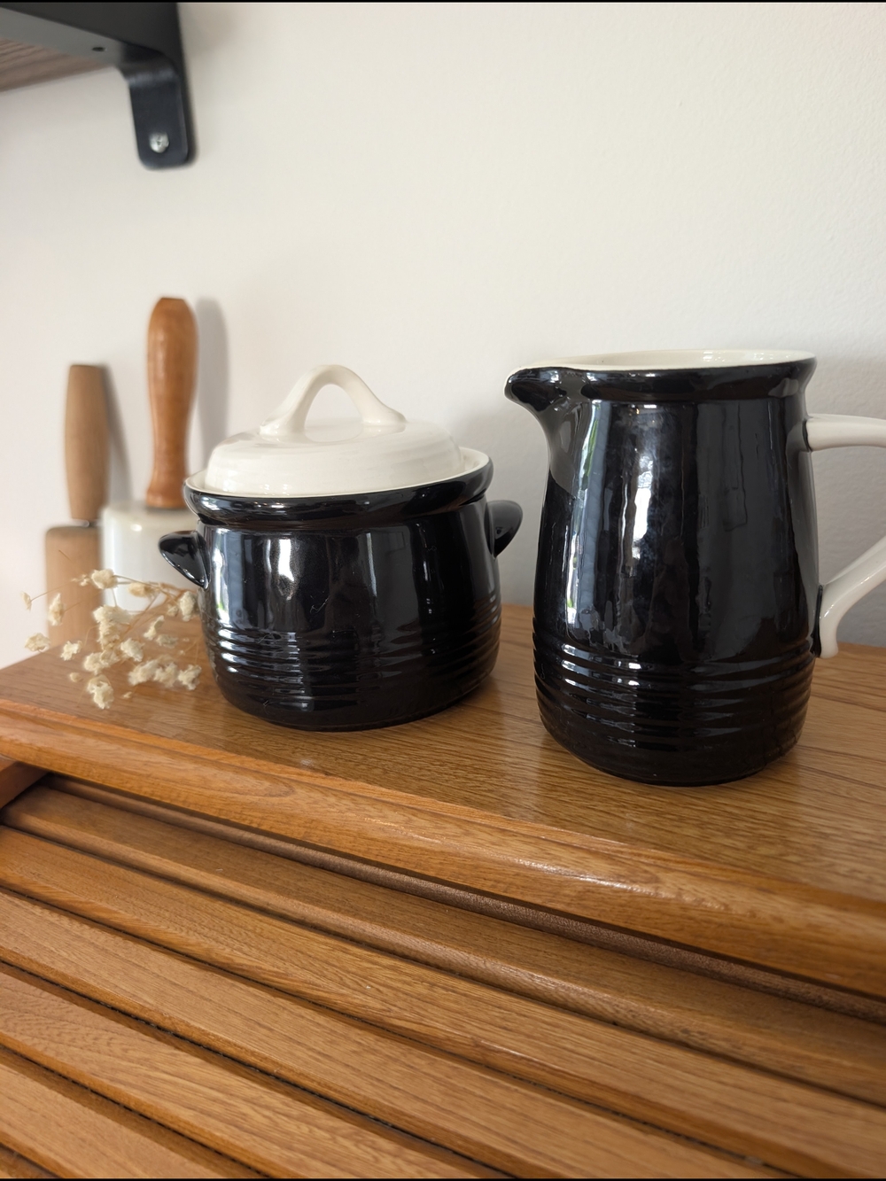 Vintage Mikasa Black Ceramic Pitcher & Covered Pot — Made in Japan